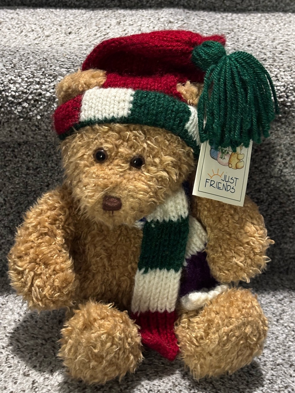 NWT, Vintage Just Friends Plush Teddy Bear, Curly Tan 12 Inch 1999, Scarf, Hat